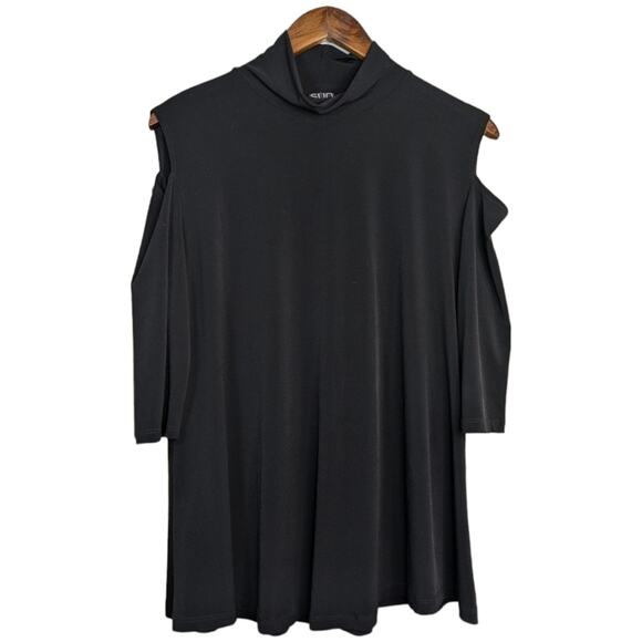 Clara Sun Woo Black Cold Shoulder Top L Mock Neck Tunic Jersey Knit Stretch - Picture 11 of 11